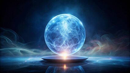 Obraz premium A luminous orb of energy, suspended above a sleek, dark platform, radiates ethereal light amidst swirling nebulae, creating a mystical and captivating scene.