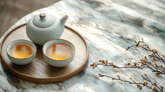 Serene tea setting with cups on elegant table