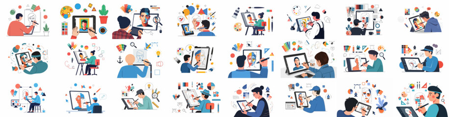 Creative workflow set featuring artists and designers using digital tablets and computers to draw, illustrate, and paint portraits in a modern vector art style.