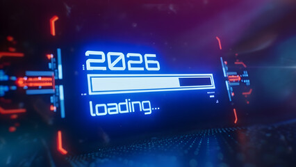 Digital display showing '2026 loading...' with a progress bar, representing future progress and technology.