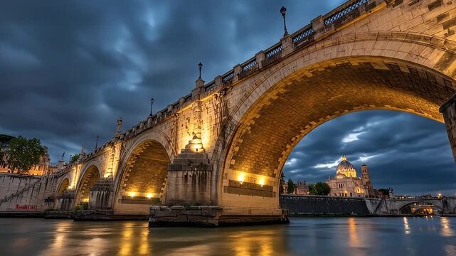A majestic stone bridge, adorned with classic architectural arches and elegant streetlights, glows warmly over a serene river under a dramatic, cloudy sky at twilight or night. The intricate stonework