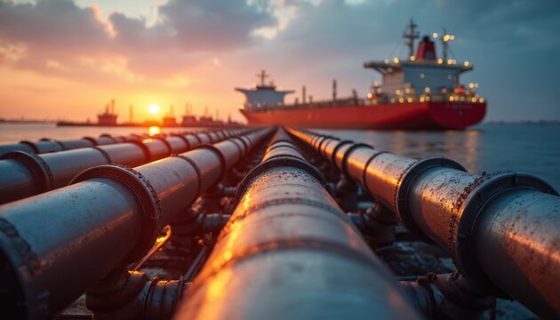 Rows of large metal pipes at a port with a cargo ship docked at sunset. Industrial structures and glowing sun in background. Oil and gas infrastructure.