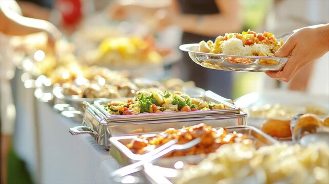 A buffet table displays varied foods, with a person holding a plate of rice and vegetables