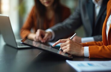 Business team collaborates on tablet data analysis. Colleagues review financial charts and reports, plan strategy and make decisions for company growth. They work together in office.