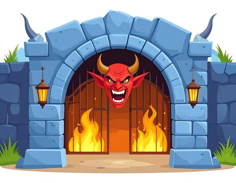 Cartoon illustration of a fiery hell gate with a devil's head