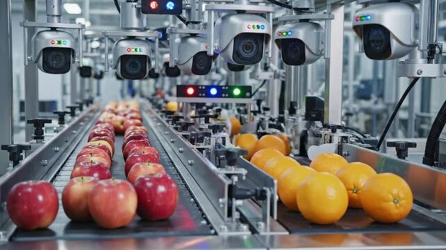 Automated Quality Control System Inspecting Fresh Red Apples and Bright Oranges on a Conveyor Belt in a Modern Food Processing Facility Under Bright