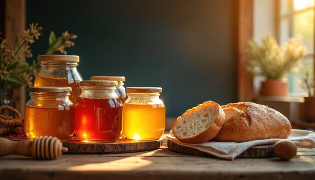 Several jars of golden honey sit on wooden table beside fresh bread. Honey dipper rests near containers, ready for use. Sunlight streams in from window creating warm reflections on sweet, viscous