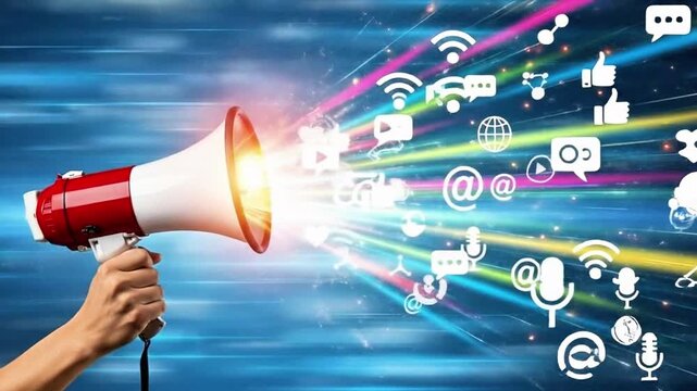 A hand holding a megaphone with colorful beams and icons symbolizing influence, voice, and social media networking and communication pormotion.