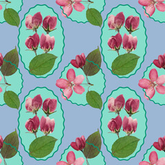 Floral seamless pattern. Apple flower. Floral motifs for use in wallpaper, covers, packaging. For textiles, cotton fabrics, linen. For use in wallpaper, wrappings. Interior decor. Raster illustration.