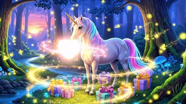 Fantasy scene with unicorn holding glowing heart and gifts valentine day concept.