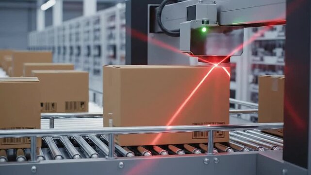Automated Warehouse Sorting System with Red Laser Scanners on a Conveyor Belt Transporting Cardboard Boxes for Efficient Logistics and Distribution
