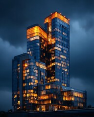 Modern glass skyscraper glowing at night high resolution photo