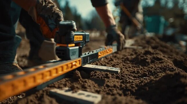 Construction worker laying foundation with level tool outdoors