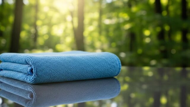 A folded blue microfiber cloth rests on a reflective surface with a blurred green forest background
