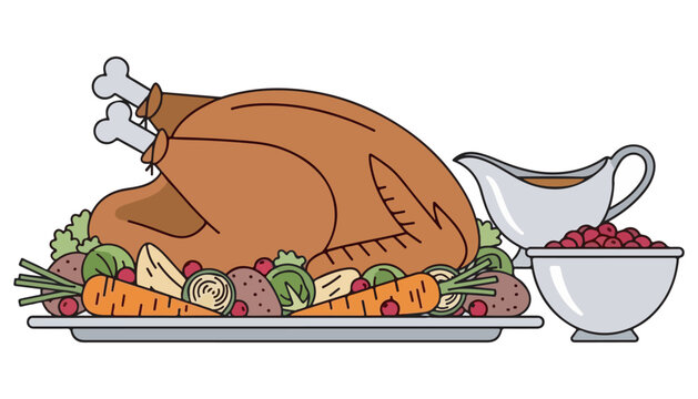 Cute cartoon vector illustration of roast turkey and roast chicken with vegetables served on plates for a festive meal