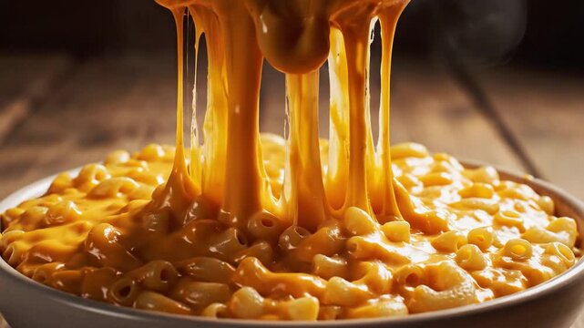 Close-up of cheesy macaroni and cheese, a comforting and delicious pasta dish, being served hot