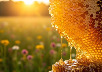 자연 들판 속 황금 벌집과 흐르는 꿀