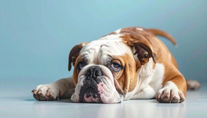 Fototapeta premium Bulldog Resting Against Clean Blue Background