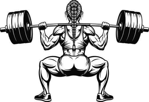 Muscular woman with a long braid performing a heavy barbell back squat rear view illustration.