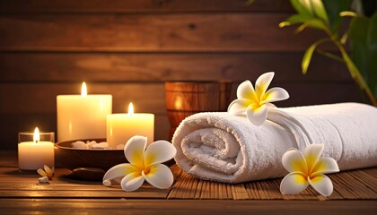 Fototapeta premium 플루메리아와 캔들이 어우러진 고급 스파 정물 Luxury Spa Still Life with Towels, Candles, and Plumeria