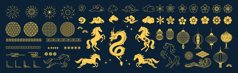 Chinese New Year decorative elements vector set with golden horse dragon lantern cloud flower and geometric ornaments. Elegant oriental design for greeting cards invitations packaging banners and ads.