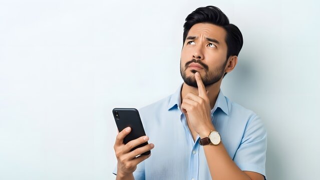 Thoughtful young man holding a smartphone and looking up, contemplating.