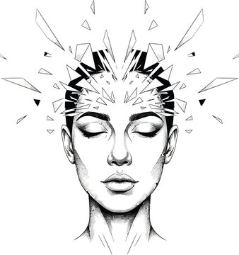 Serene womans portrait with closed eyes her head exploding into sharp geometric glass shards.
