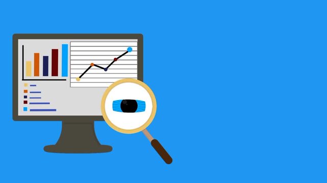 Animated monitoring concept showing computer display with bar graph and eye magnifying symbol. Modern digital supervision theme. Visual data observation. Technology based analysis.
