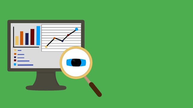 Animated monitoring concept featuring computer with bar graph and eye magnifier icon. Digital observation theme. Clear analytical visualization. Isolated on green screen.