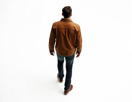 Man in brown jacket and blue jeans walks away from viewer. Top down full shot shows person moving forward on clean white floor. Casual style outfit with boots and tousled hair.