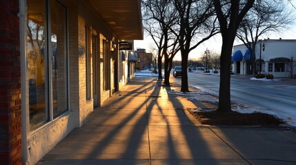 Long shadows stretch across a sunlit sidewalk beside storefronts lining a quiet street during late afternoon.