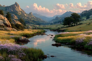 Mountain stream flowing through a grassy valley high resolution photo