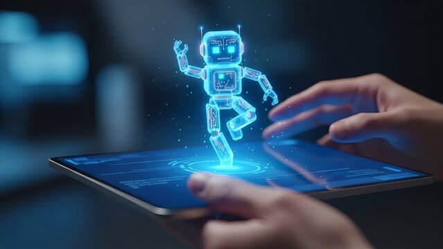 Futuristic Robot Hologram on Digital Tablet. - Powered by Adobe