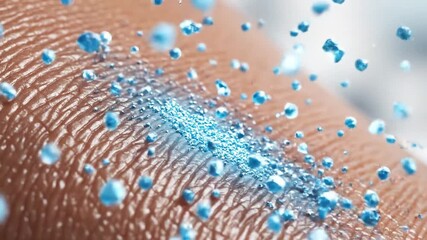 Close up extreme macro shot of a single blue liquid drop falling and splashing onto textured human skin surface with blurred bright background - Powered by Adobe