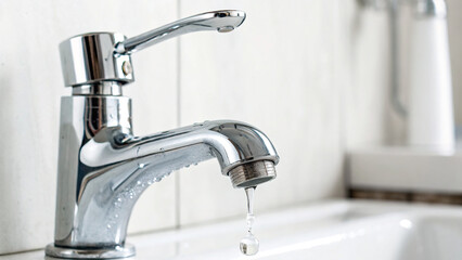 Water dripping from kitchen faucet in modern home during afternoon hours