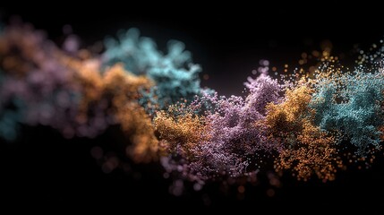 Protein folding dynamic process visualization, amino acid chain folding into 3D structure, color-marked functional regions, dark tech background