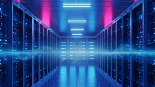 Futuristic server room with glowing blue and pink neon lights on racks and floor