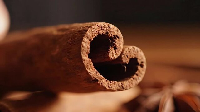 Close Up Macro Of Aromatic Cinnamon Stick With Star Anise Spice In Warm Soft Lighting Background
