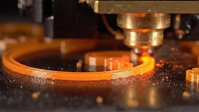 Close Up Macro Shot Of 3D Printer Nozzle Extruding Molten Orange Plastic Layer By Layer On A Black Build Plate Creating An Object With Intense Warm