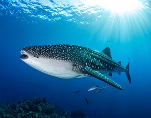 Naklejka premium Large, spotted, marine creature swims in turquoise waters, sun shining