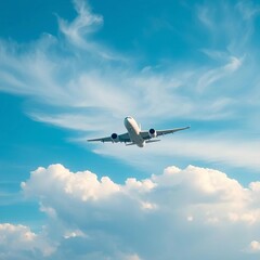 Obraz premium Airplane soaring against a vibrant blue sky, soft clouds drifting, flight, aviation