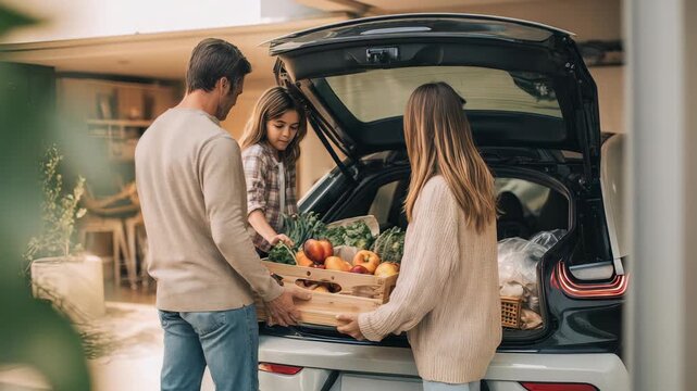 A cheerful family unpacks a large box of organic fruits and vegetables from their car, symbolizing eco friendly habits. The scene reflects togetherness, wellness, and mindful consumption trends