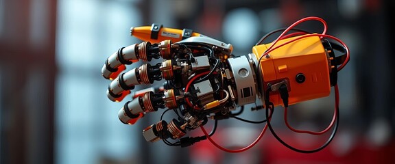 Advanced robotic prosthetic arm with intricate wiring and metallic components, complex, integrated