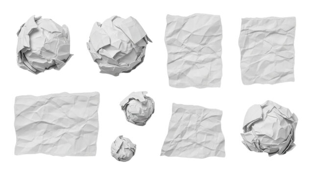 Collection of various crumpled white paper pieces and flat wrinkled sheets, ideal for creative textures and backgrounds