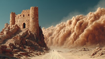 Old stone castle surrounded by desert high resolution photo