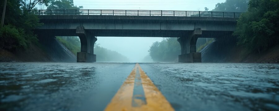 Flooded road under bridge during heavy rain. Water covers asphalt surface, obscuring lane lines. Extreme weather conditions cause road closure and potential danger.