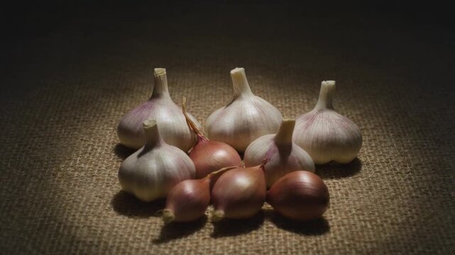 Aromatic rustic kitchen essentials fresh organic garlic and shallots, dramatically lit on textured burlap, inspiring healthy culinary creations