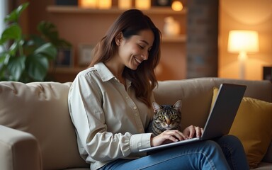 Woman comfortably sitting at Cozy home on sofa, working on laptop, accompanied by cat. Comfort, remote work, and companionship of pets, related to home office, relaxation, and pet-friendly lifestyles