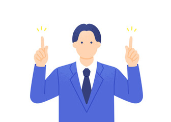 重要なポイントを指差すスーツの男性。頭上の空間を指す会社員のベクターイラスト素材。