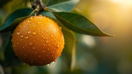 Macro close up of Fresh orange fruit on tree at orchard